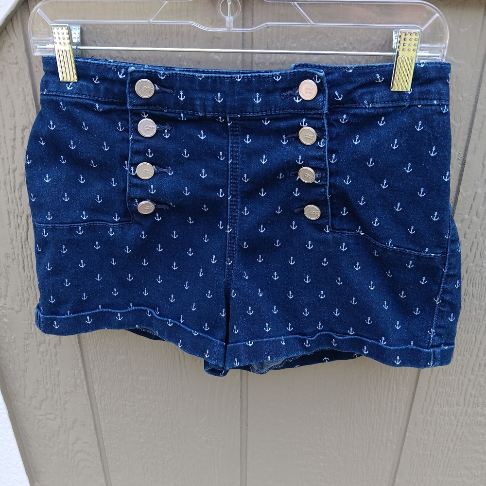 Almost Famous Nautical Anchor Print Navy High Waisted Cuff Shorts Size Junior 13